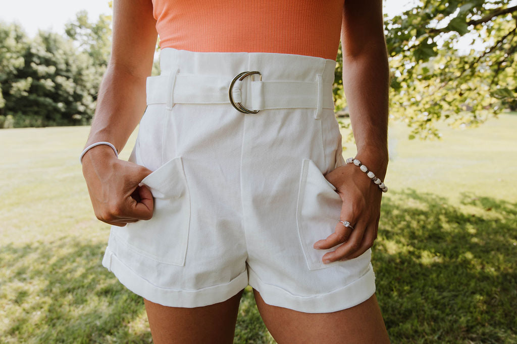 Belted White Denim Shorts
