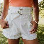 Belted White Denim Shorts